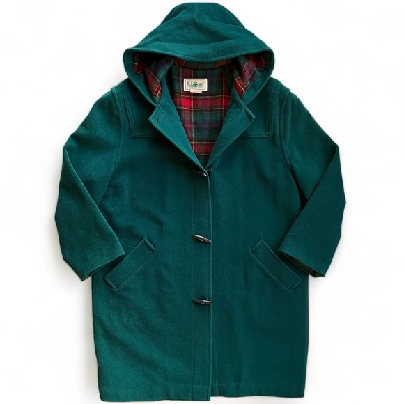 The Forest Club Jackets & Blazers - Vintage LL Bean Pea Coat Green Plaid Lined Toggle Made in USA Long Hooded Vtg